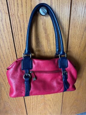 Soprano Cdn Red and Navy east west Leather Shoulder nautical plaid interior Bag